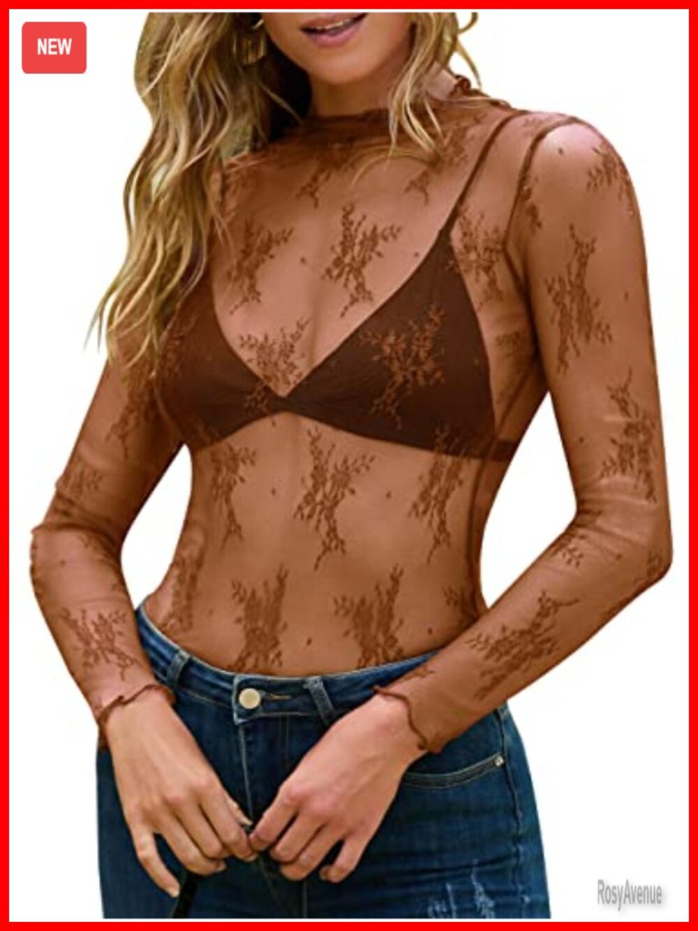 Sheer Lace Long Sleeve Mock Neck Blouse Women's Mesh Top Floral Embroidery